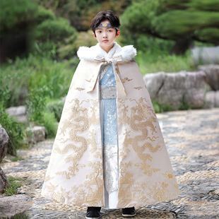 男童汉服披风长款2024新款秋冬季外出加绒保暖小男孩连帽披肩斗篷
