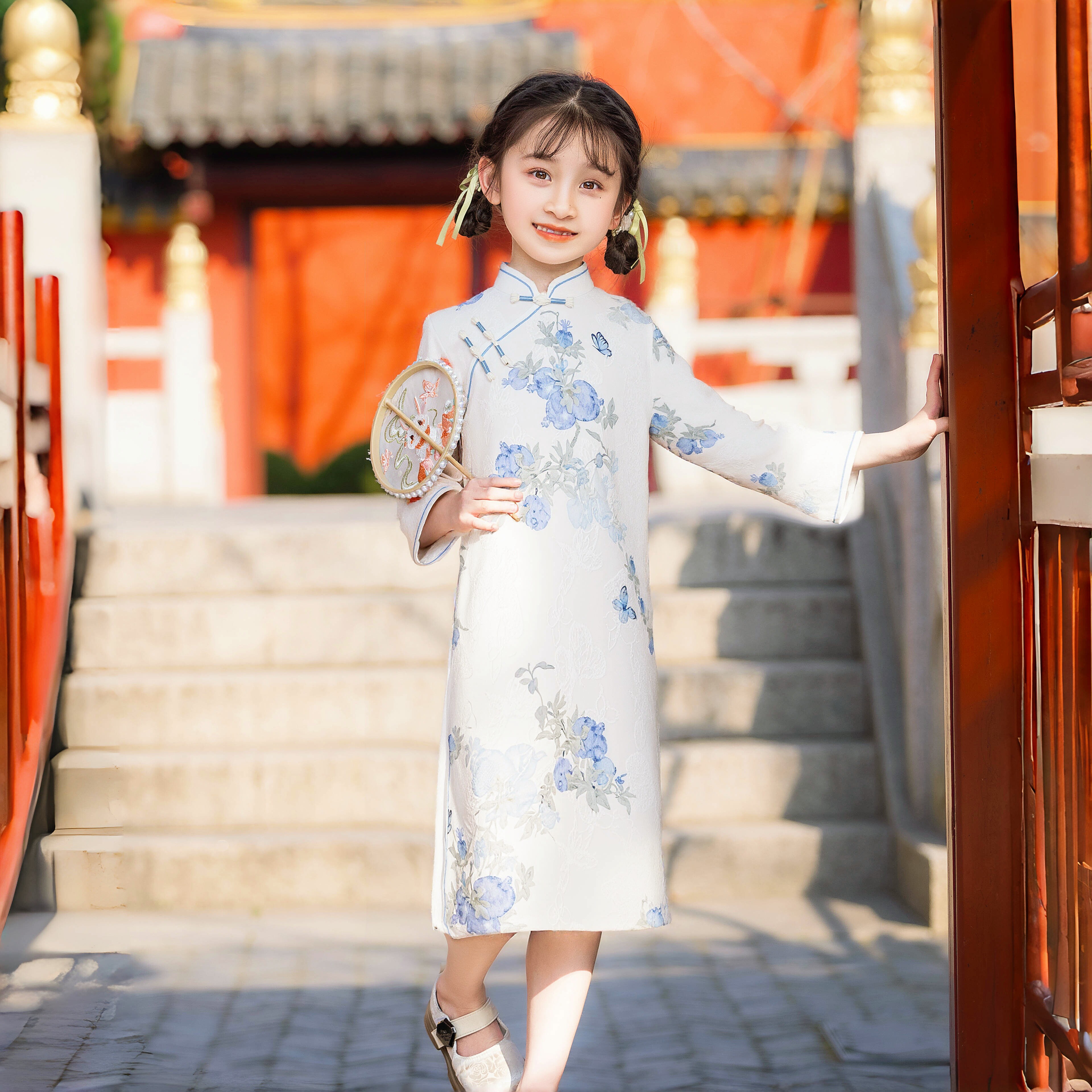 女童旗袍新中式蓝色秋款儿童复古装中国风长袖小女孩民国风连衣裙