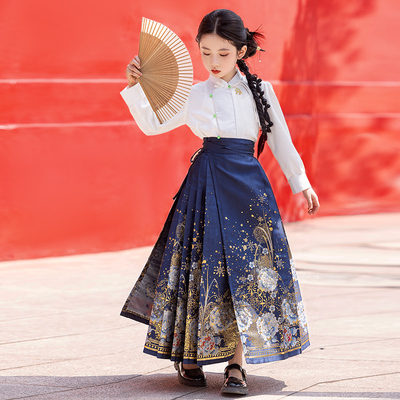新中式女大童马面裙国风藏蓝色