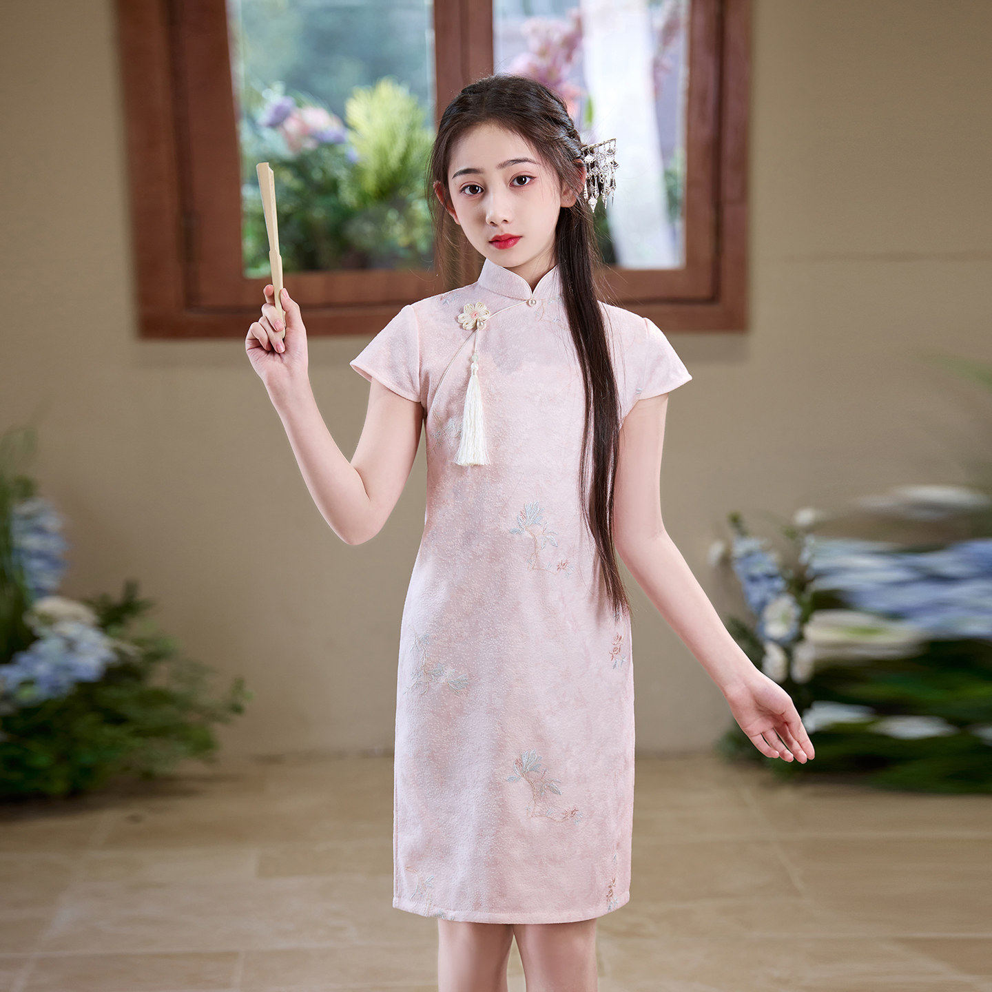 女童旗袍紫色连衣裙夏季中国风儿童改良新中式短袖礼服女孩演出服