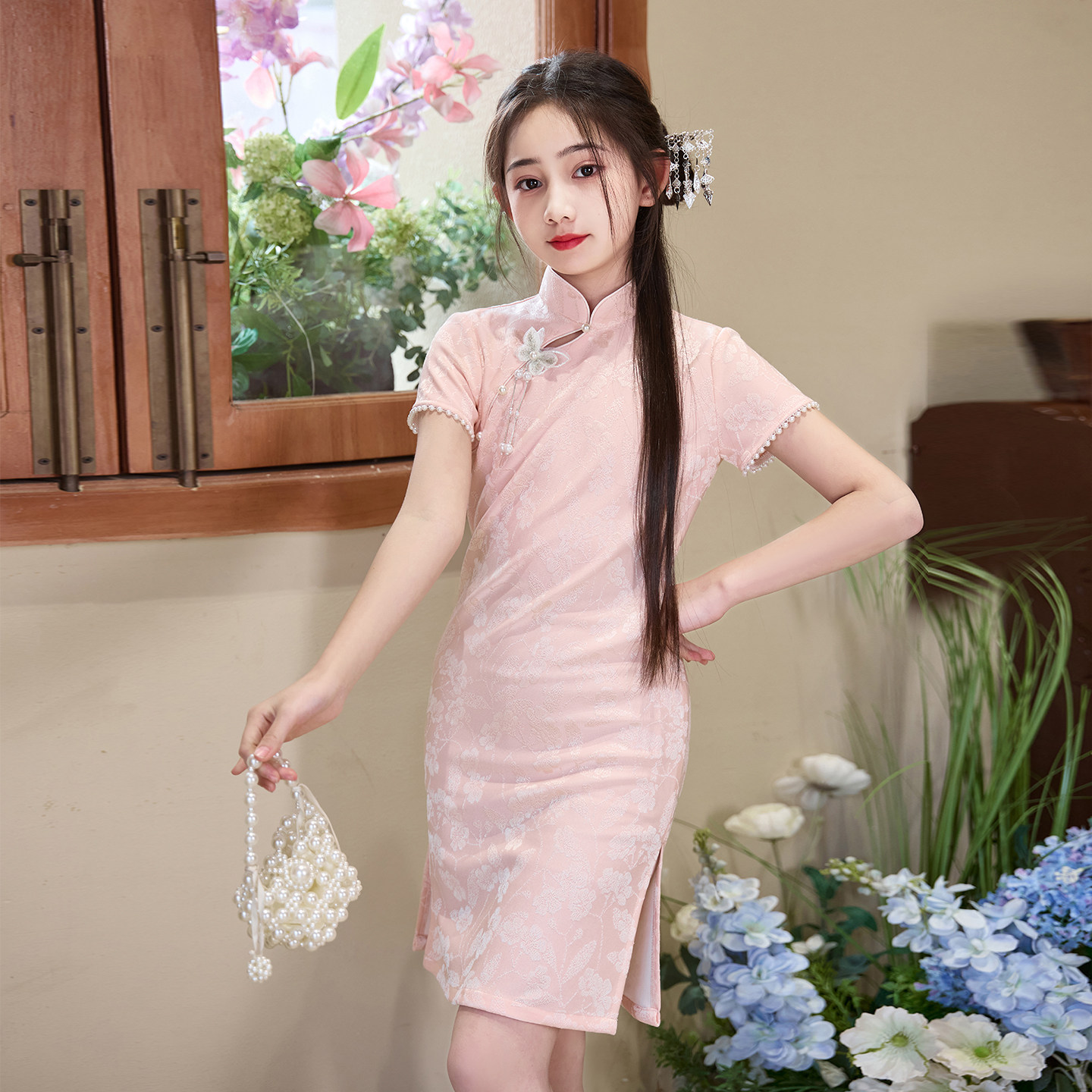 粉色女童旗袍夏季改良短袖中国风儿童新中式连衣裙女孩演出服洋气