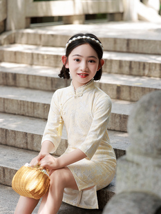 高档儿童旗袍中国风洋气秋冬唐装长袖女童连衣裙民国风古筝演出服