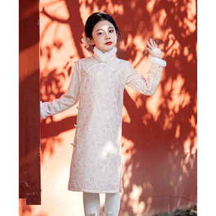 粉色女童旗袍裙冬季绝美新年拜年服唐装国风儿童新中式过年公主裙