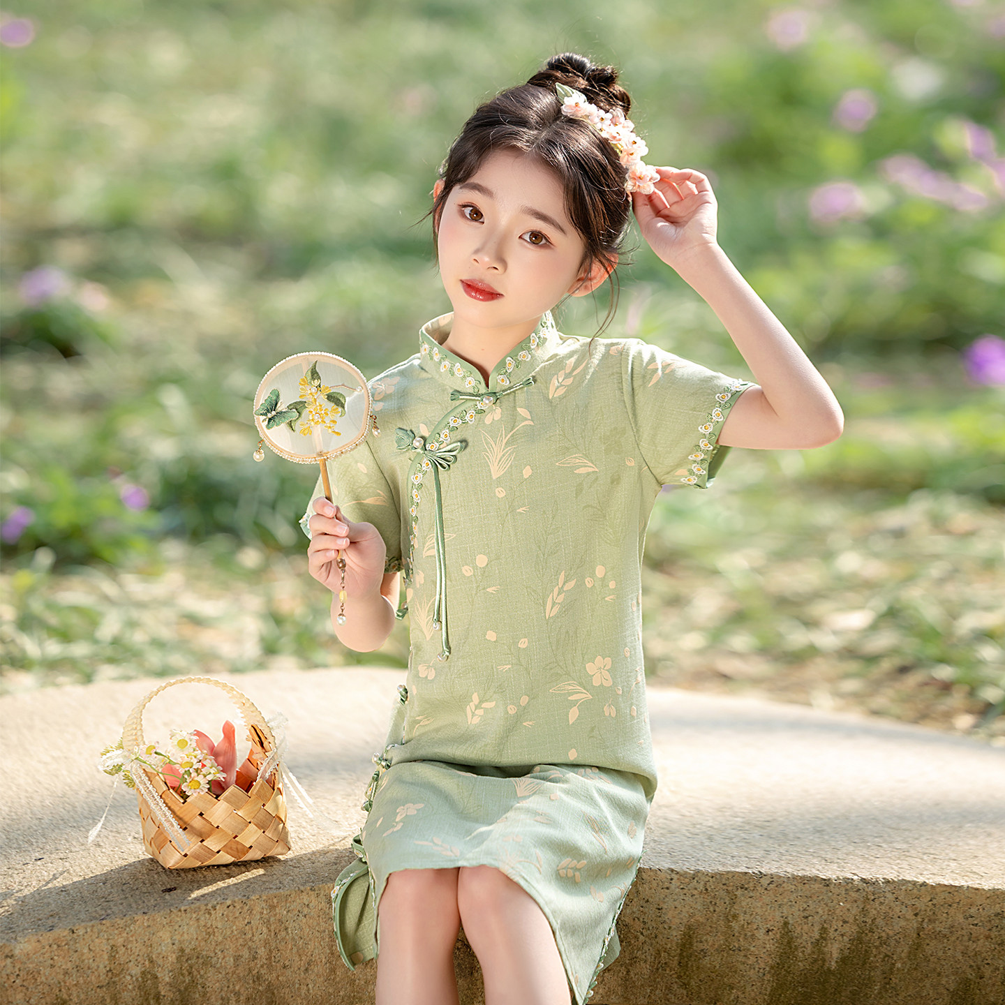 女童新中式绿色改良旗袍2026新款夏季儿童中国风日常连衣裙演出服