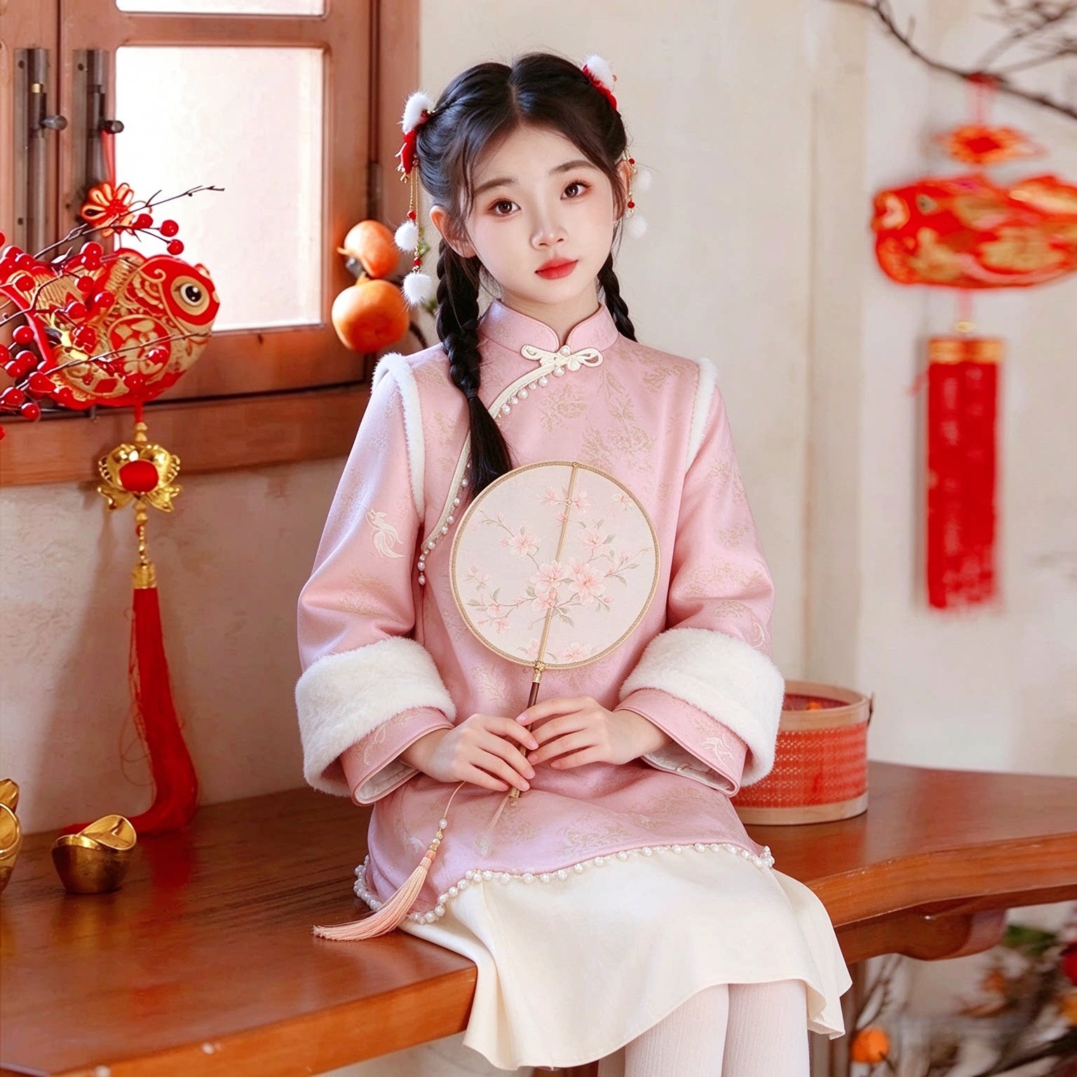 女童冬季加厚新中式粉色旗袍