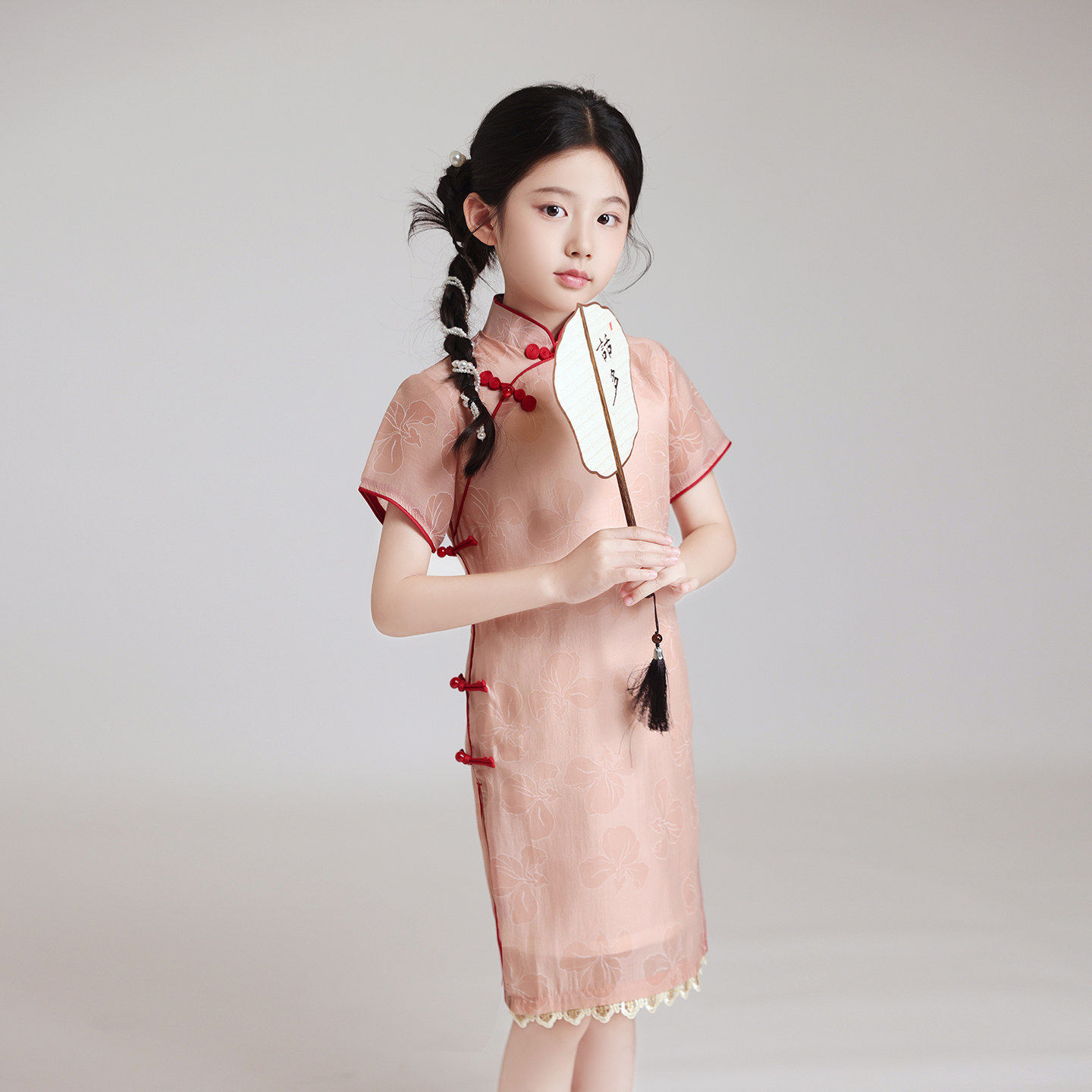 儿童新中式旗袍女童夏季短袖中国风粉色女孩洋气连衣裙古筝演出服