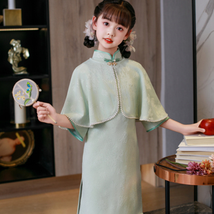 女童旗袍2025新款两件套春秋款新中式复古国风绿色连衣裙日常可穿