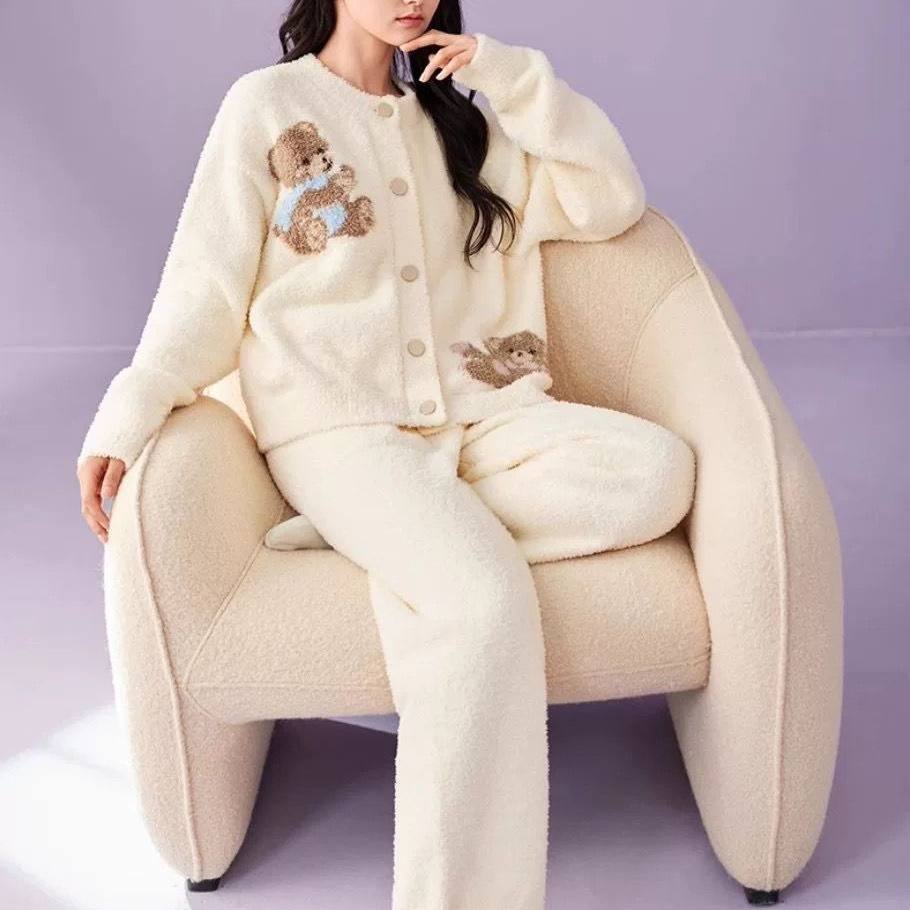 加厚半边绒睡衣女冬季保暖甜美可爱日系珊瑚绒开衫少女家居服套装