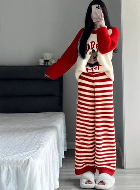 撞色拼接睡衣女秋冬季红色小熊半边绒条纹加厚保暖家居服套装外穿