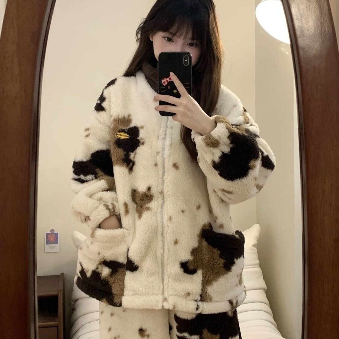 显瘦睡衣少女秋冬季新款珊瑚绒保暖拉链开衫家居服套装半边绒外穿