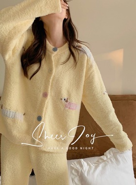 黄色腊肠狗睡衣女秋冬季新款珊瑚绒开衫保暖加厚家居服套装半边绒