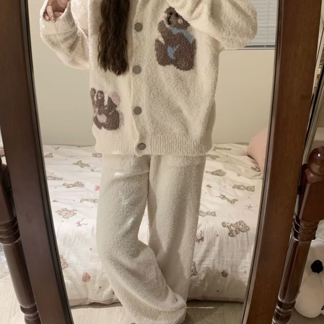 珊瑚绒睡衣女冬季甜美可爱保暖长袖长裤半边绒家居服可外出两件套