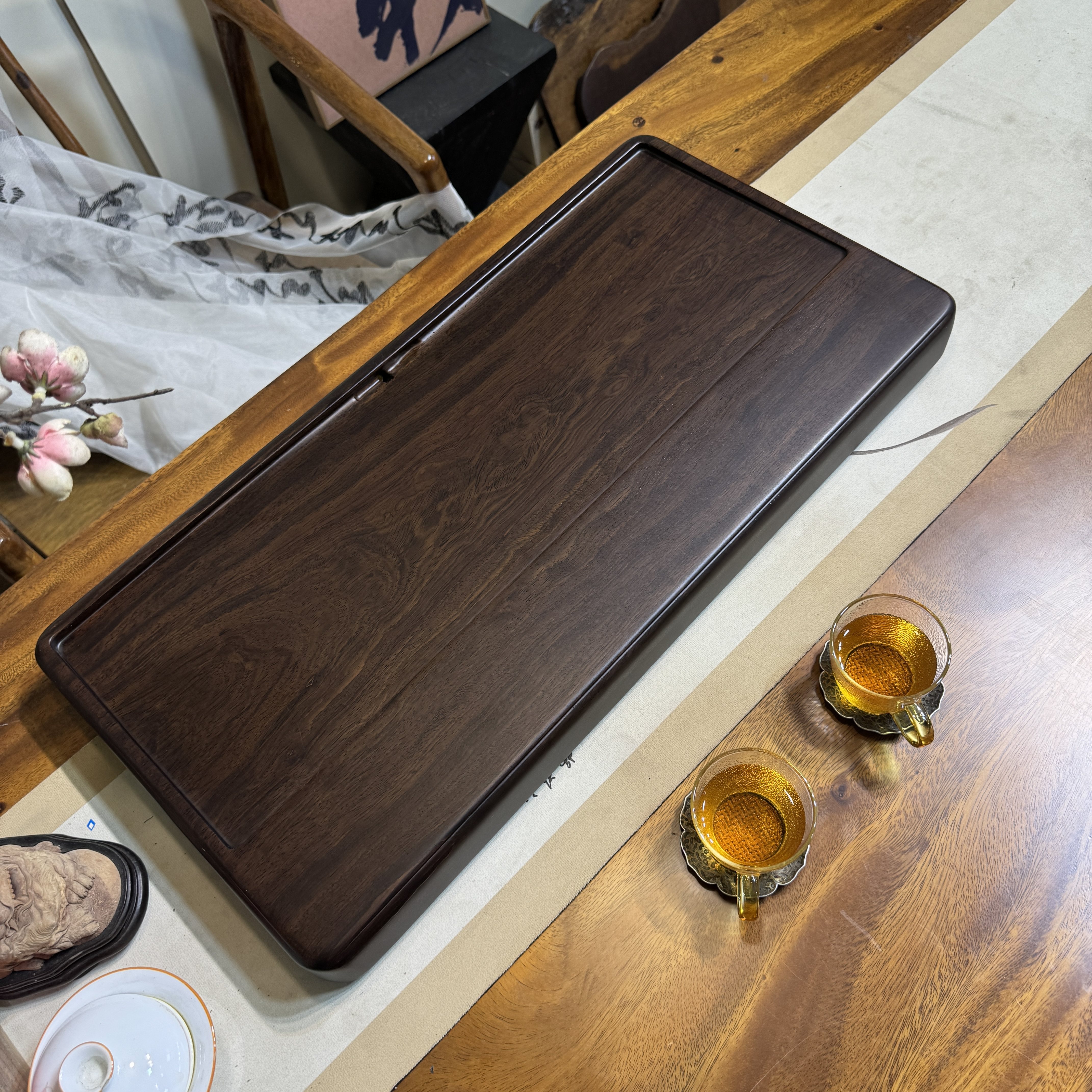 黑檀木茶盘家用天然整块实木茶台新款中式简约茶具原木茶盘 中正