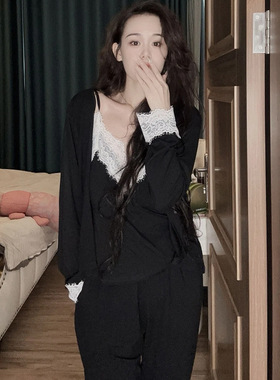 NOHASHTAG法式高端带胸垫三件套睡衣女春秋冬长袖长裤蕾丝家居服