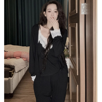 NOHASHTAG法式高端带胸垫三件套睡衣女春秋冬长袖长裤蕾丝家居服