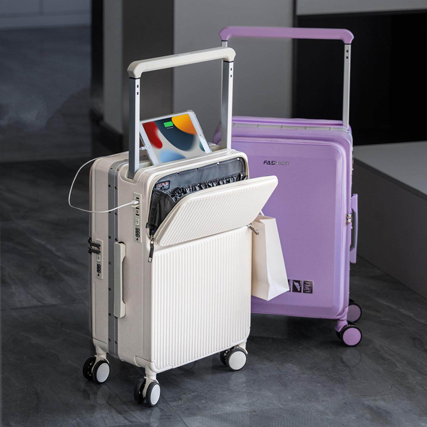 双开行李箱前后开盖男宽拉杆20寸登机铝框可充电多功能万向静音轮