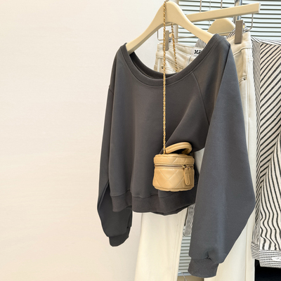 韩系高级感一字斜肩长袖卫衣女