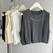 下摆抽褶收腰无袖 小个子纯棉背心上衣体恤 宽松短款 T恤女夏季 韩版