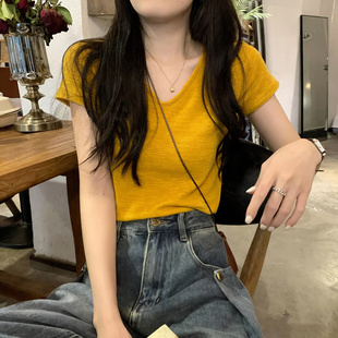 ins超火正肩V领短袖T恤女夏季修身韩版内搭打底衫小个子短款上衣