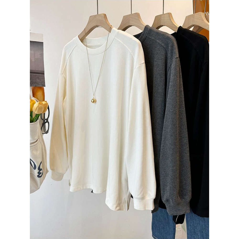 大码宽松开叉长袖T恤女秋冬季