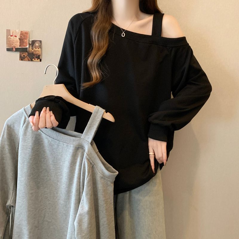 韩系高级感斜领露肩卫衣女春秋装