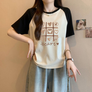 半袖 撞色拼接插肩短袖 内搭宽松短款 打底衫 chic上衣潮ins T恤女夏季