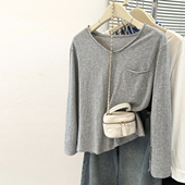 2026新款 韩版 雪花棉长袖 显瘦打底衫 内搭V领上衣潮 T恤女修身 春秋季