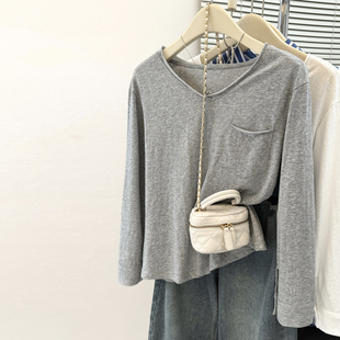 2026新款 韩版 雪花棉长袖 显瘦打底衫 内搭V领上衣潮 T恤女修身 春秋季