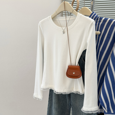 白色蕾丝花边拼接下摆长袖T恤女