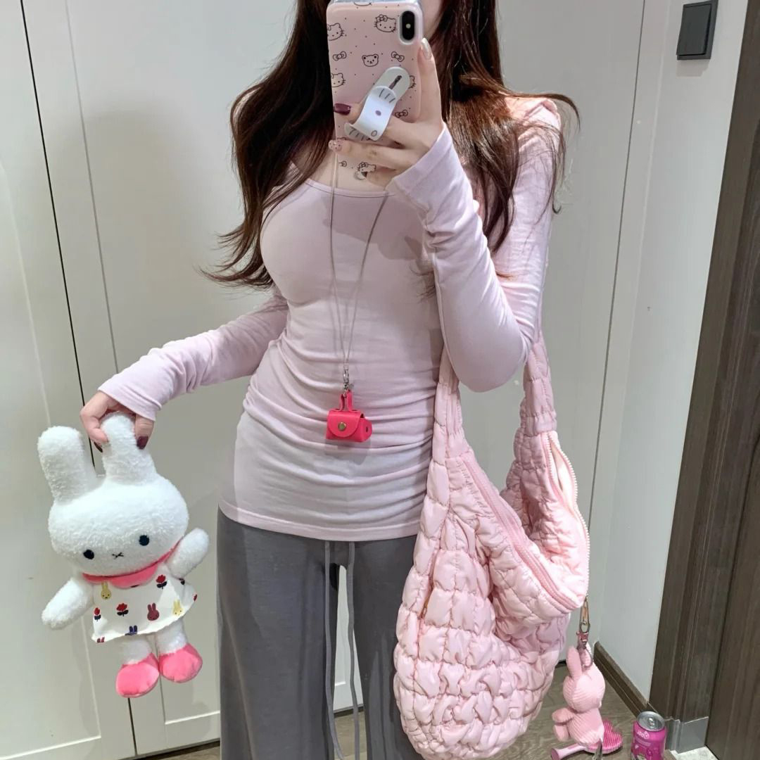 纯欲性感大领口U领正肩长袖T恤女