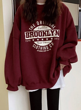 ins超火加绒无帽卫衣女春秋冬薄款宽松韩版复古港风chic上衣外套