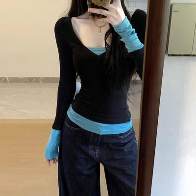 韩系高级感假两件拼接长袖T恤女