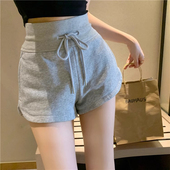 a字高腰宽松阔腿沙滩热裤 韩版 ins潮流 女夏季 灰色纯棉运动休闲短裤