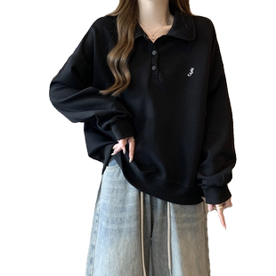 bf慵懒风薄款卫衣女春秋季百搭韩版宽松显瘦Polo领长袖上衣外套潮