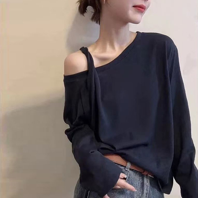 韩系高级感雪花棉斜肩长袖T恤女