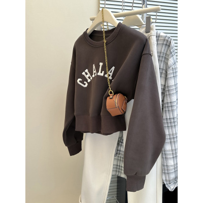 加绒加厚字母刺绣圆领长袖卫衣女