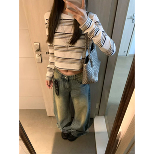 chic甜辣条纹撞色长袖T恤女早秋韩版短款修身打底衫内搭外穿上衣