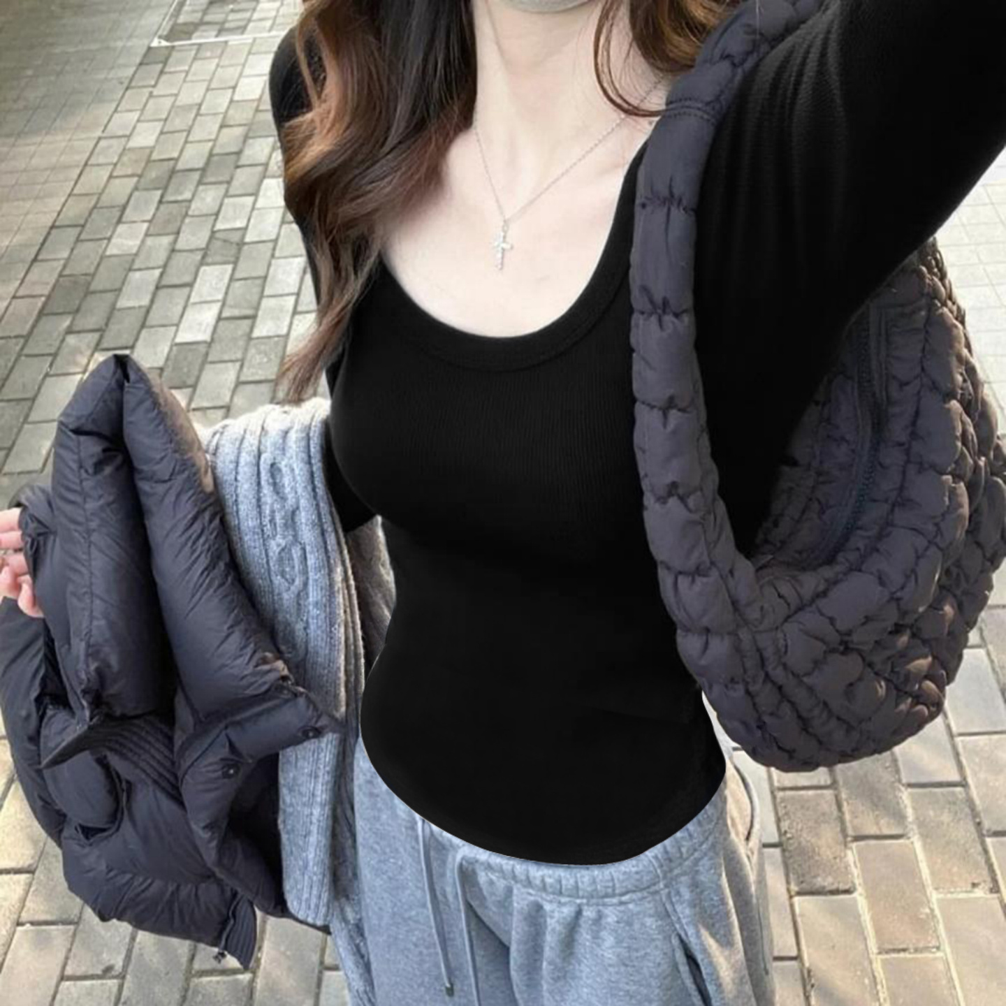 U领正肩长袖T恤女秋冬季2025新款