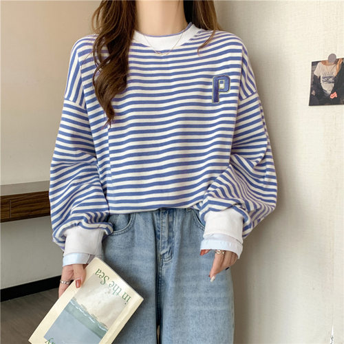 条纹假两件卫衣女早秋季薄款宽松