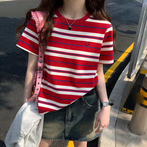 chic甜辣撞色条纹短袖T恤女夏季
