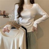 方领正肩长袖 内搭上衣德绒打底衫 T恤女早春秋冬收腰抽褶修身 短款