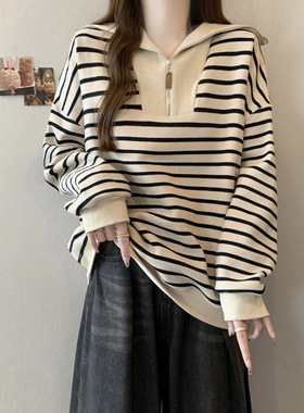 半拉链Polo领条纹卫衣女春秋薄款韩版百搭宽松复古chic港味上衣服