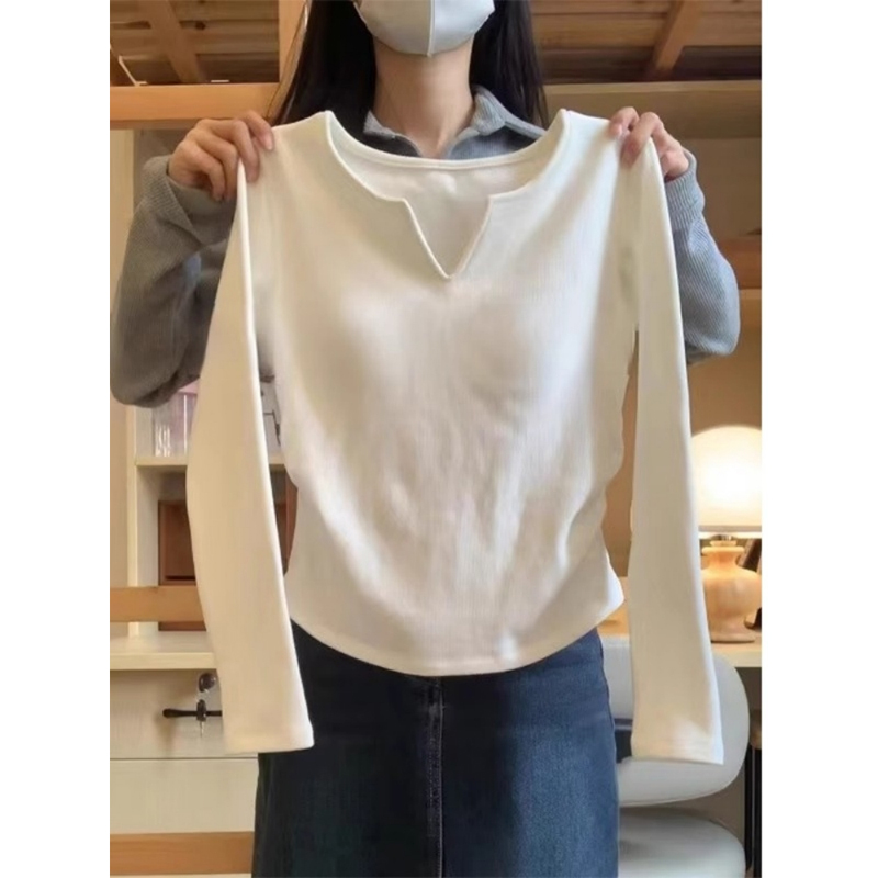 小个子短款V领打底衫女春秋季