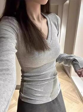 灰色V领正肩长袖t恤女春秋2025新款紧身内搭德绒打底衫修身上衣服