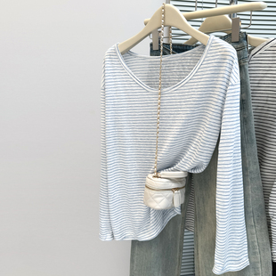 春秋季2026新款条纹慵懒长袖T恤女宽松韩版内搭打底衫大U领上衣潮