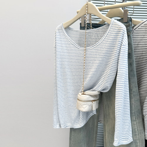 春秋季2025新款条纹慵懒长袖T恤