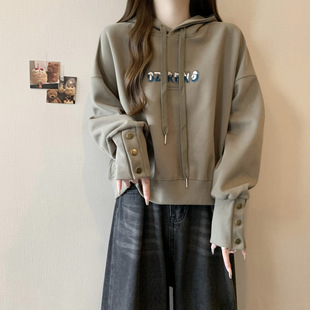 短款 设计感纽扣袖 宽松薄款 卫衣女春秋季 上衣外套潮 口连帽套头短款