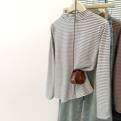 条纹半高领长袖T恤女2025新款