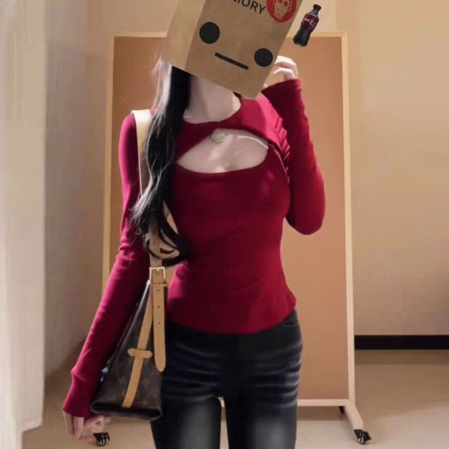 chic甜辣纯欲镂空长袖T恤女春秋韩版修身内搭打底衫设计感上衣潮,女装/女士精品,T恤,淘宝优惠券,粉丝福利购,淘宝优惠卷