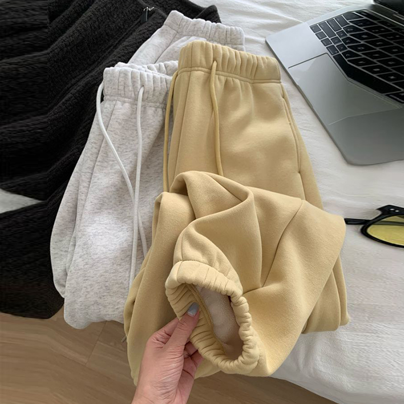 羊羔绒休闲阔腿运动裤女冬季韩版宽松高腰加绒加厚束脚卫裤ins潮